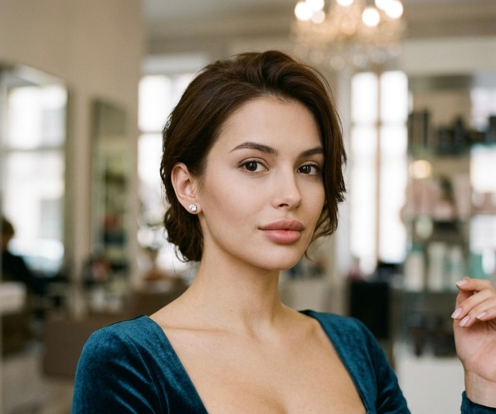 stud diamond earrings on a girl's earlobe
