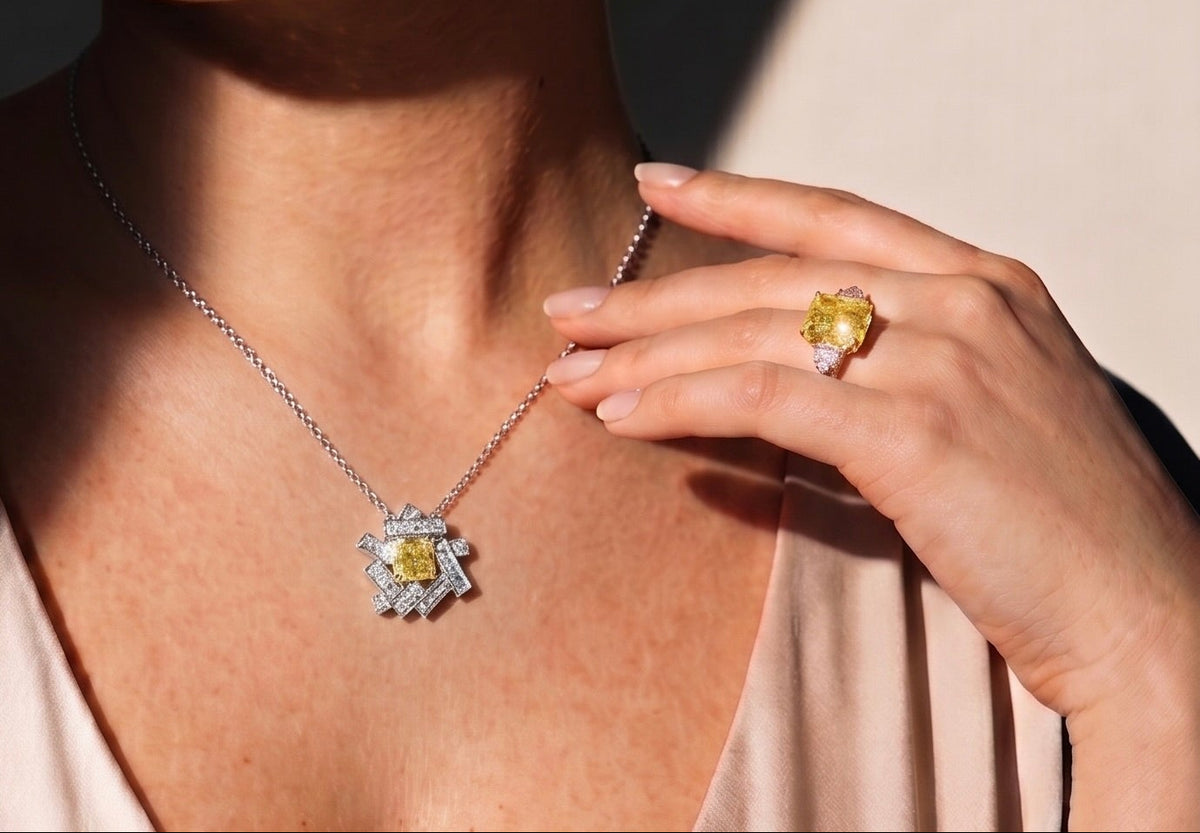Woman wearing a necklace and earrings with a ring, set against a neutral background