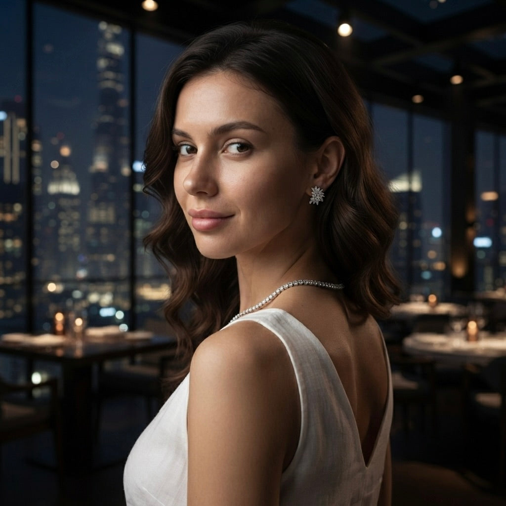 girl with diamond tennis necklace and diamond earrings looking in camera 
