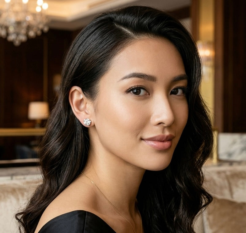 woman wearing a stud diamond earring side view
