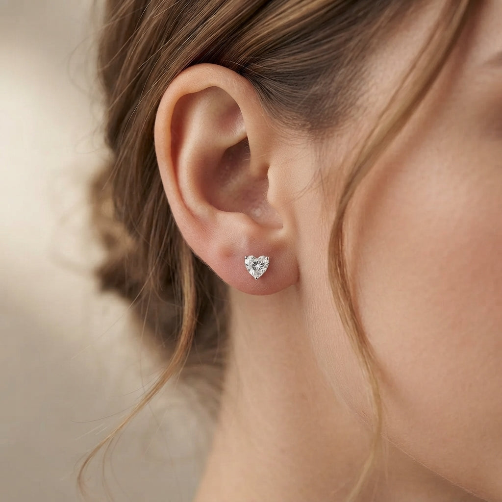 Heart-cut Diamond Stud Earrings 1 CTW, 3-Prong Solitaire in Solid 14K White Gold