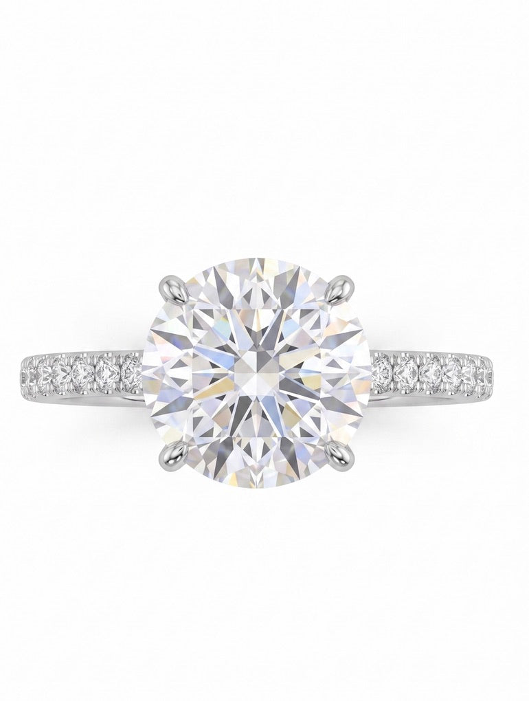 Solitaire Diamond Ring with Pavé Band, 14K White Gold