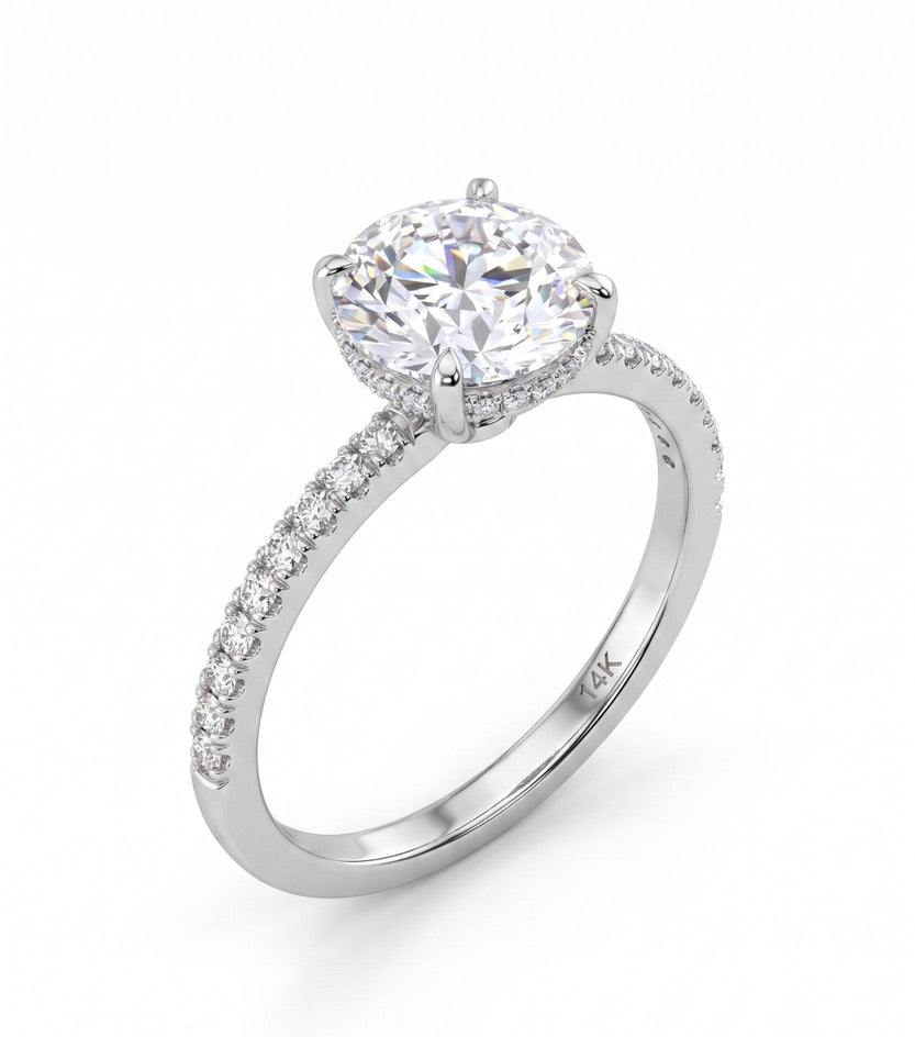 Solitaire Diamond Ring with Pavé Band, 14K White Gold