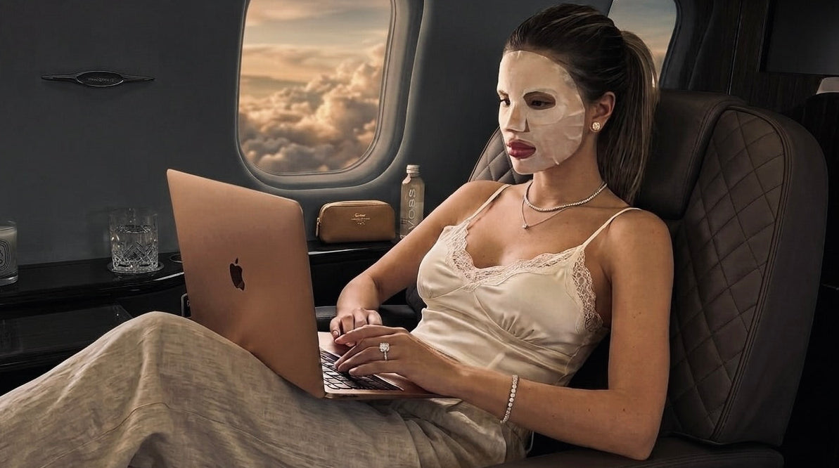girl wearing tennis necklace and bracelet on a plane