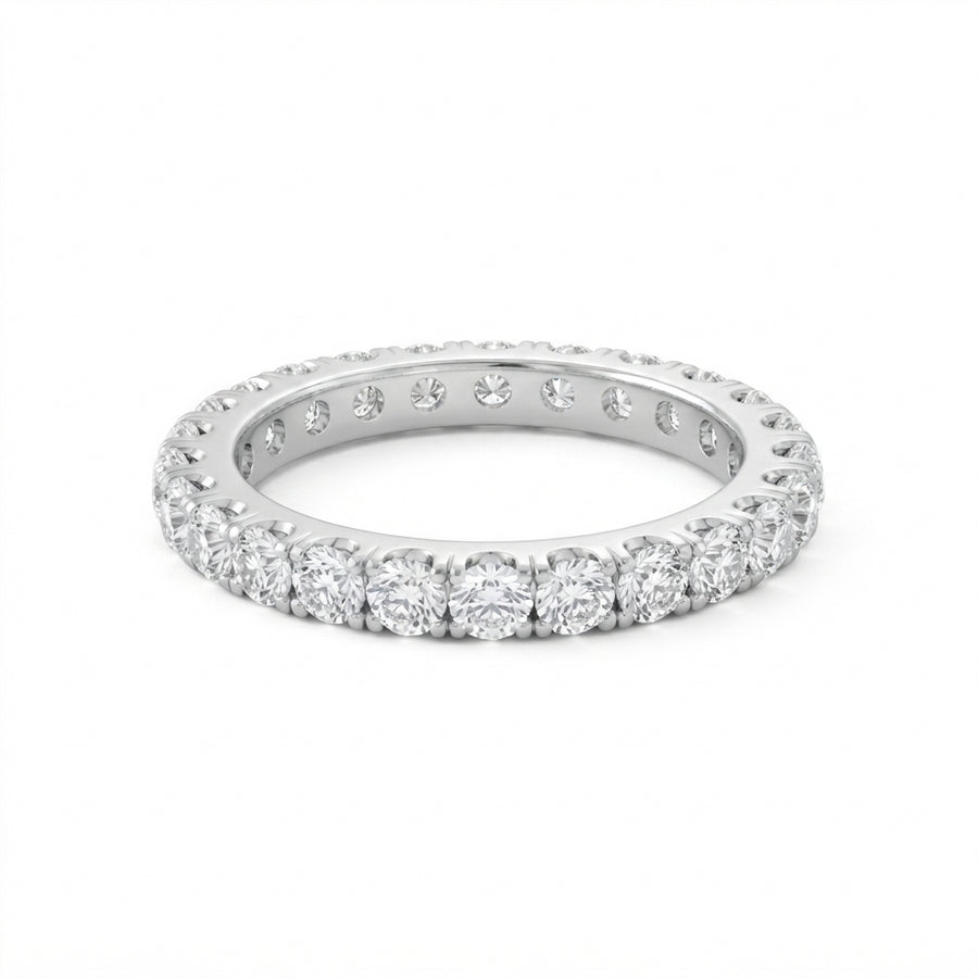 White gold diamond eternity ring with a full circle of round-cut diamonds set in a polished gold band, shown on a plain white background.
