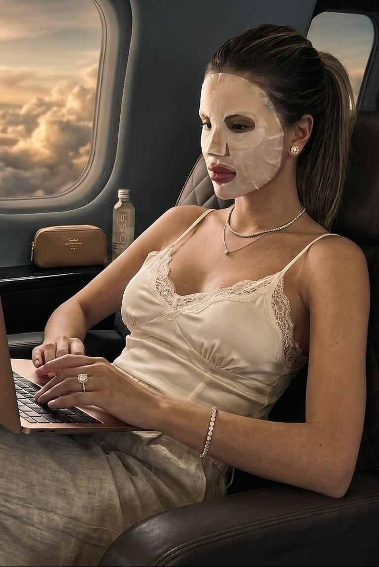 girl on a plane in jewelry