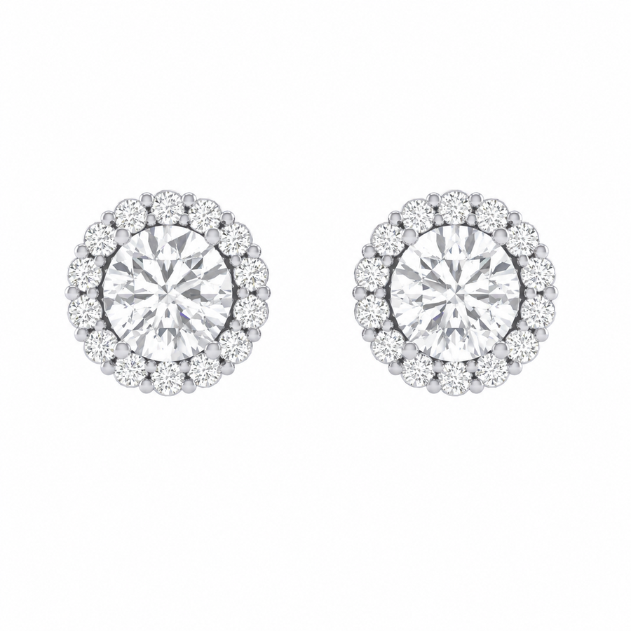 diamond earrings with halo on white background