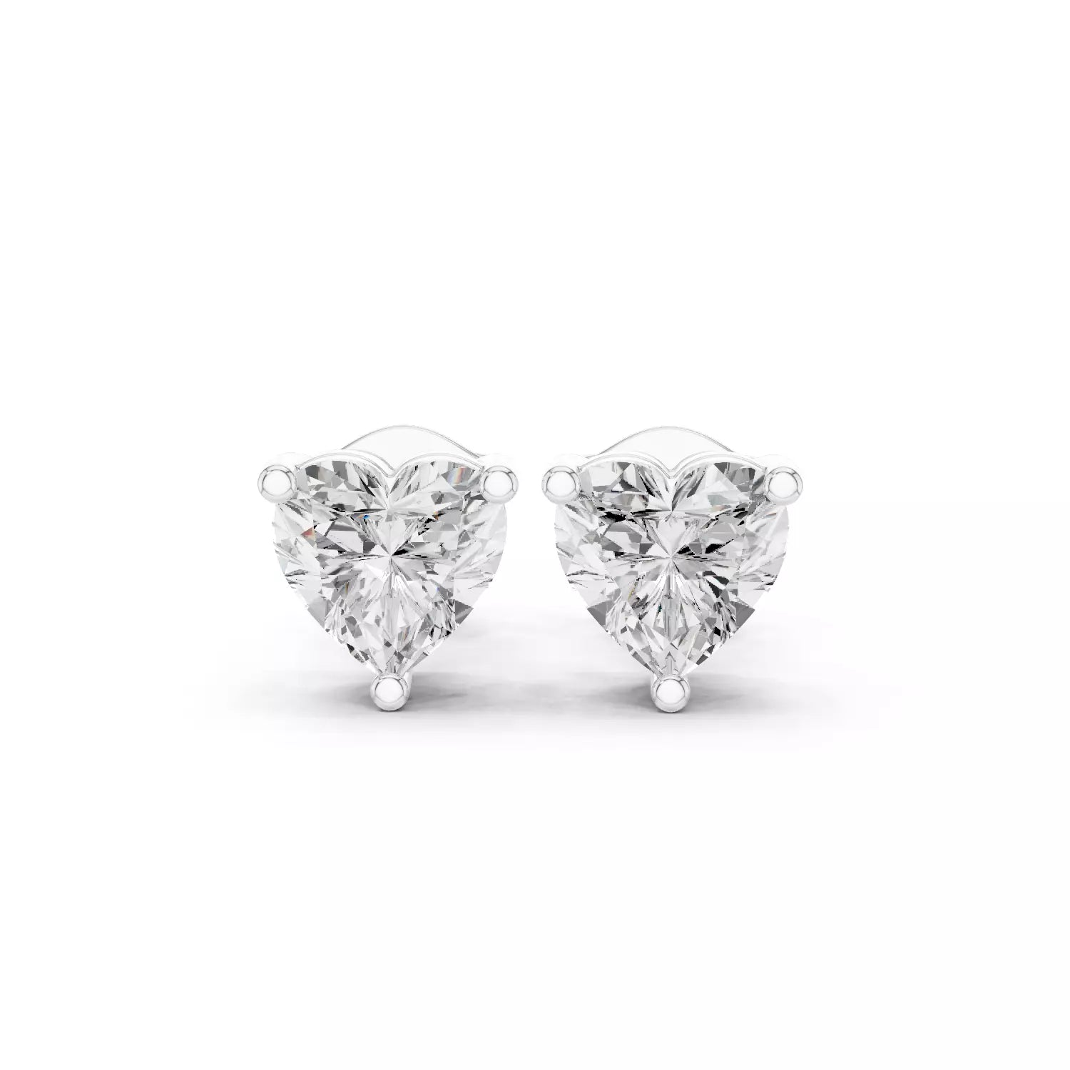 Heart-cut diamond classic stud earrings on white plane background in 14k white gold